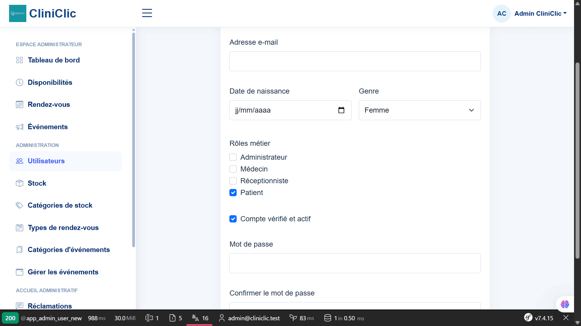 CliniClic — role-based account creation form.