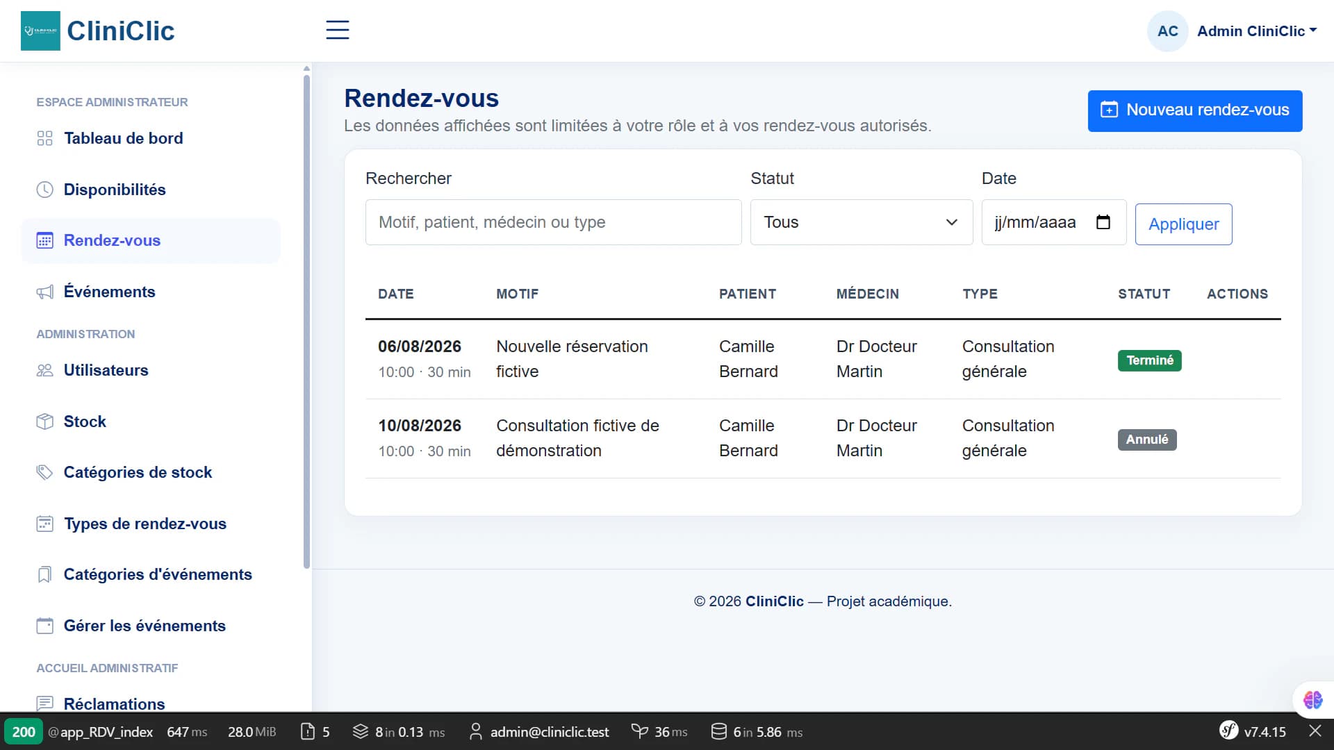 CliniClic — appointment list, filters and statuses.