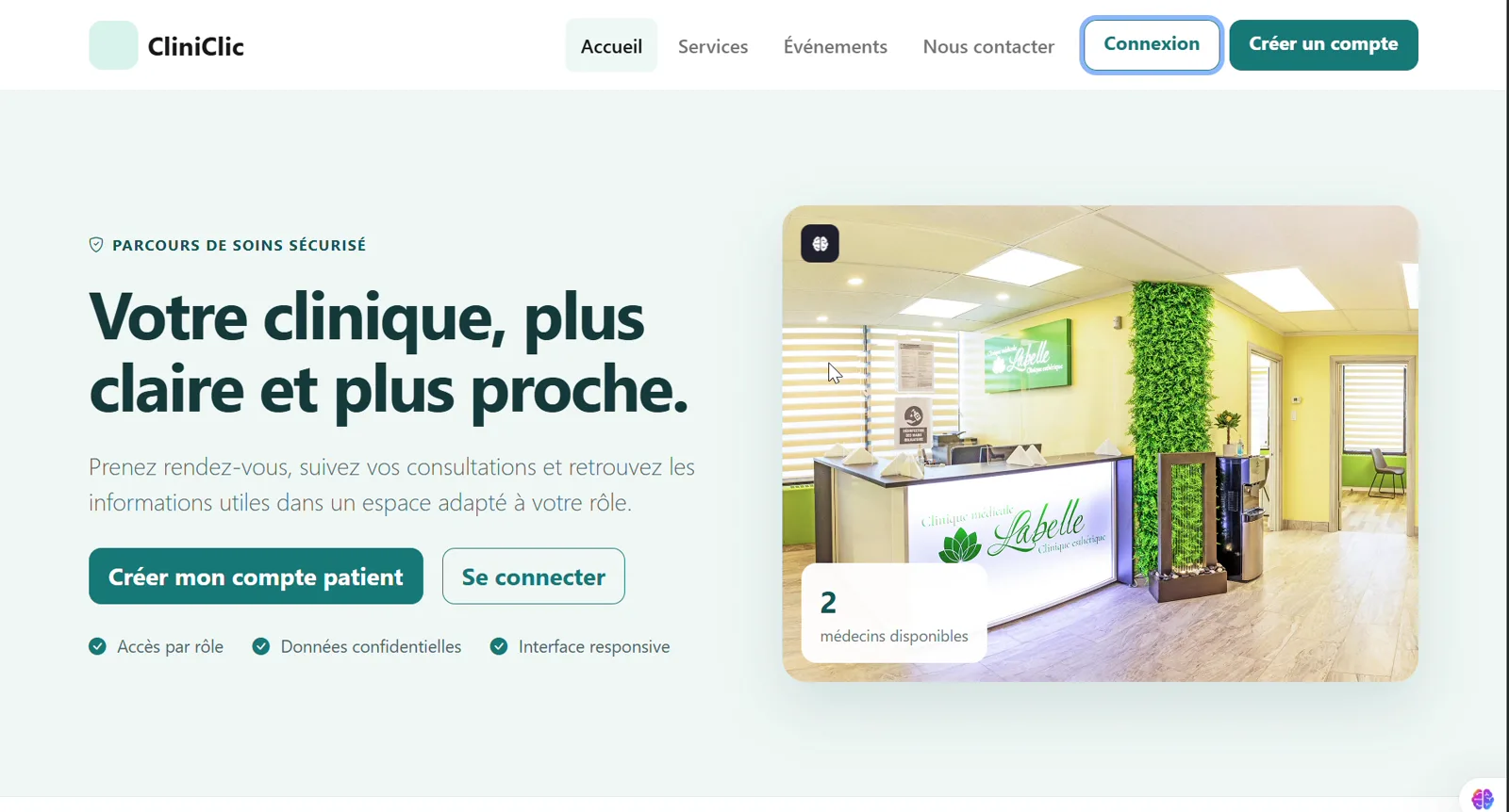 CliniClic public homepage presenting the patient care journey.