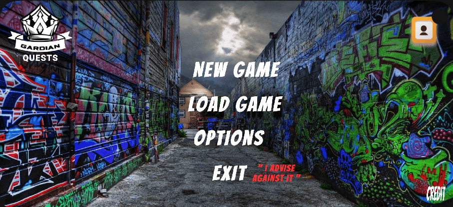 Guardian Quests main menu with New Game, Load Game, Options and Exit actions.