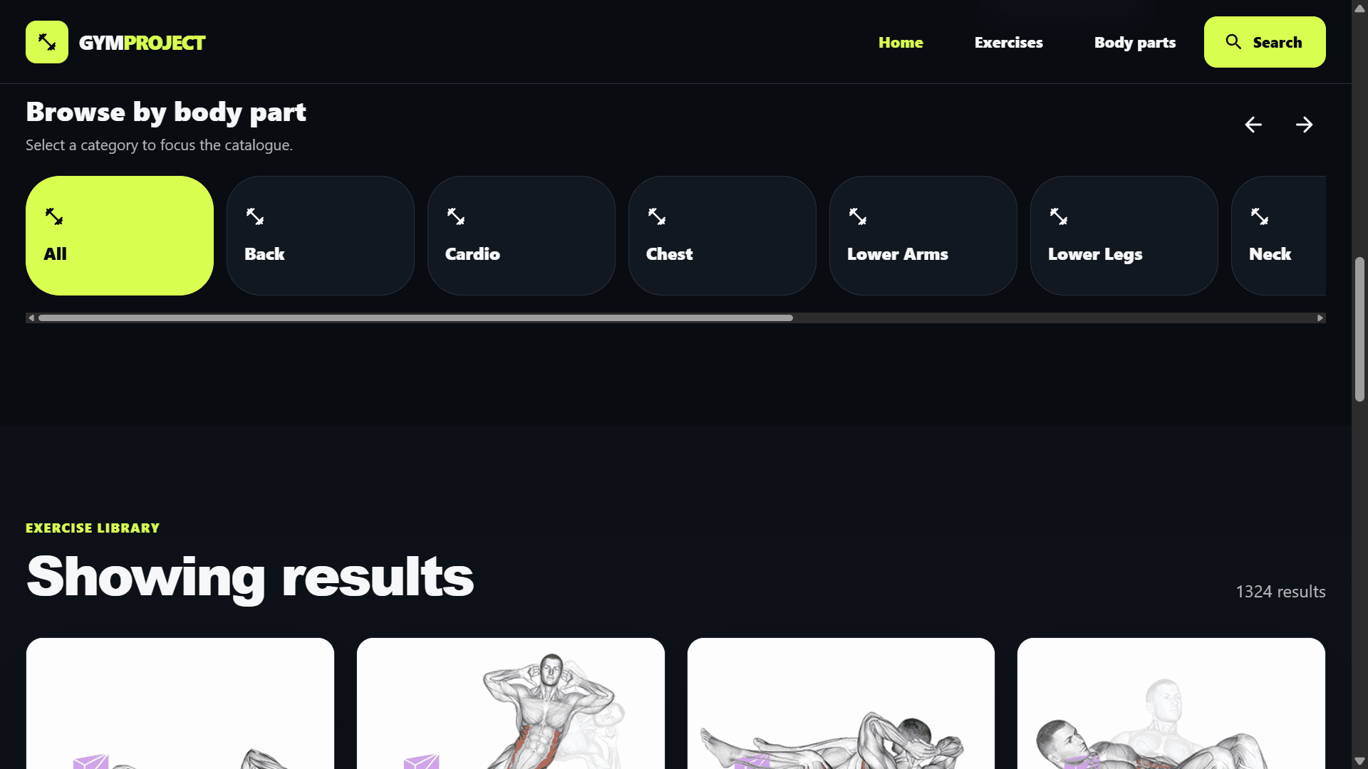 Exercise browsing interface filtered by body part.