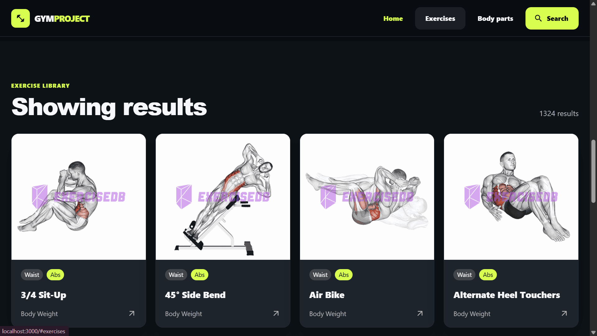 Exercise catalogue with illustrated exercise cards.