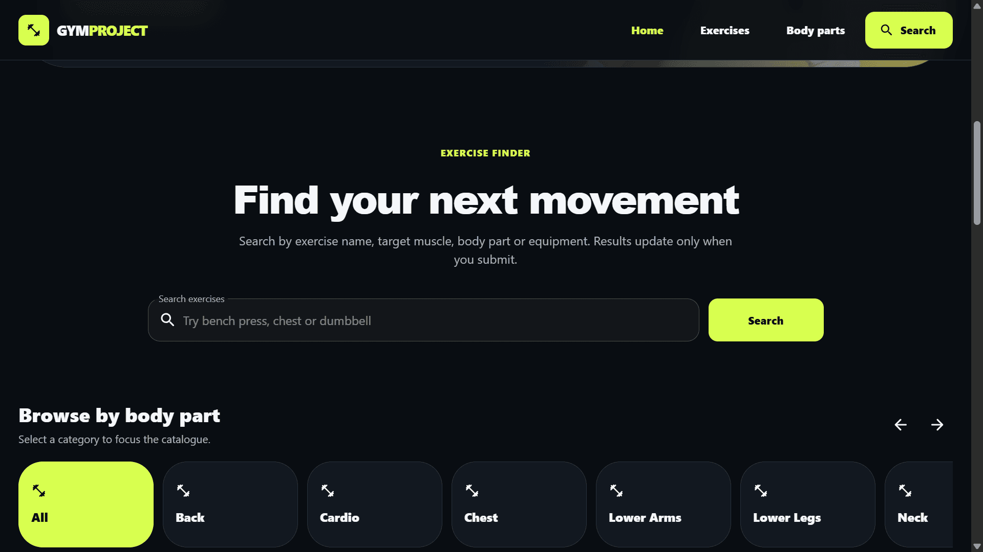 Exercise search by name, target muscle, body part or equipment.