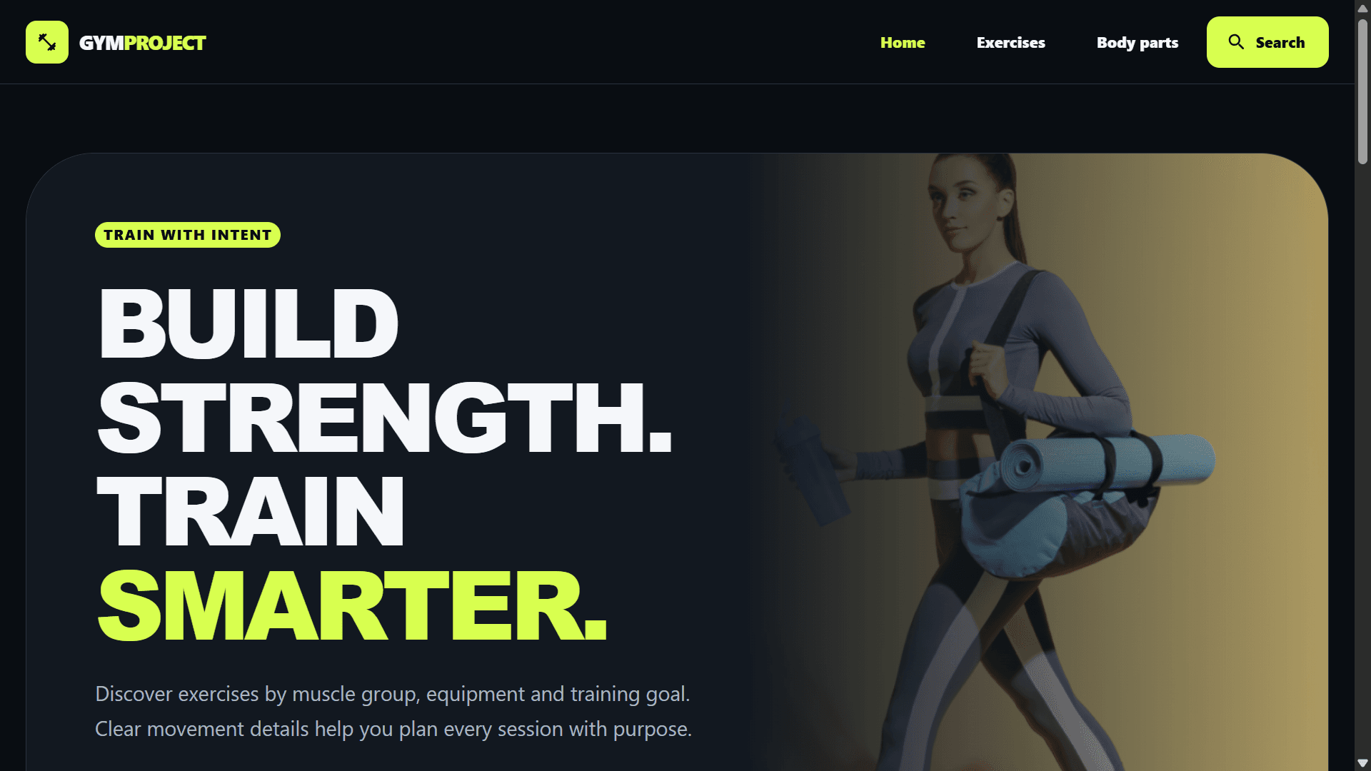 Gym Exercise Finder landing page with exercise discovery positioning.