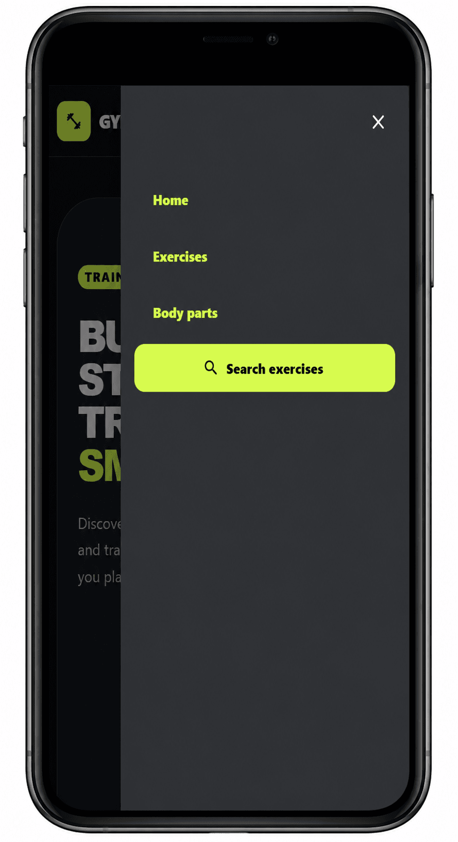Gym Exercise Finder mobile web navigation displayed inside a phone.