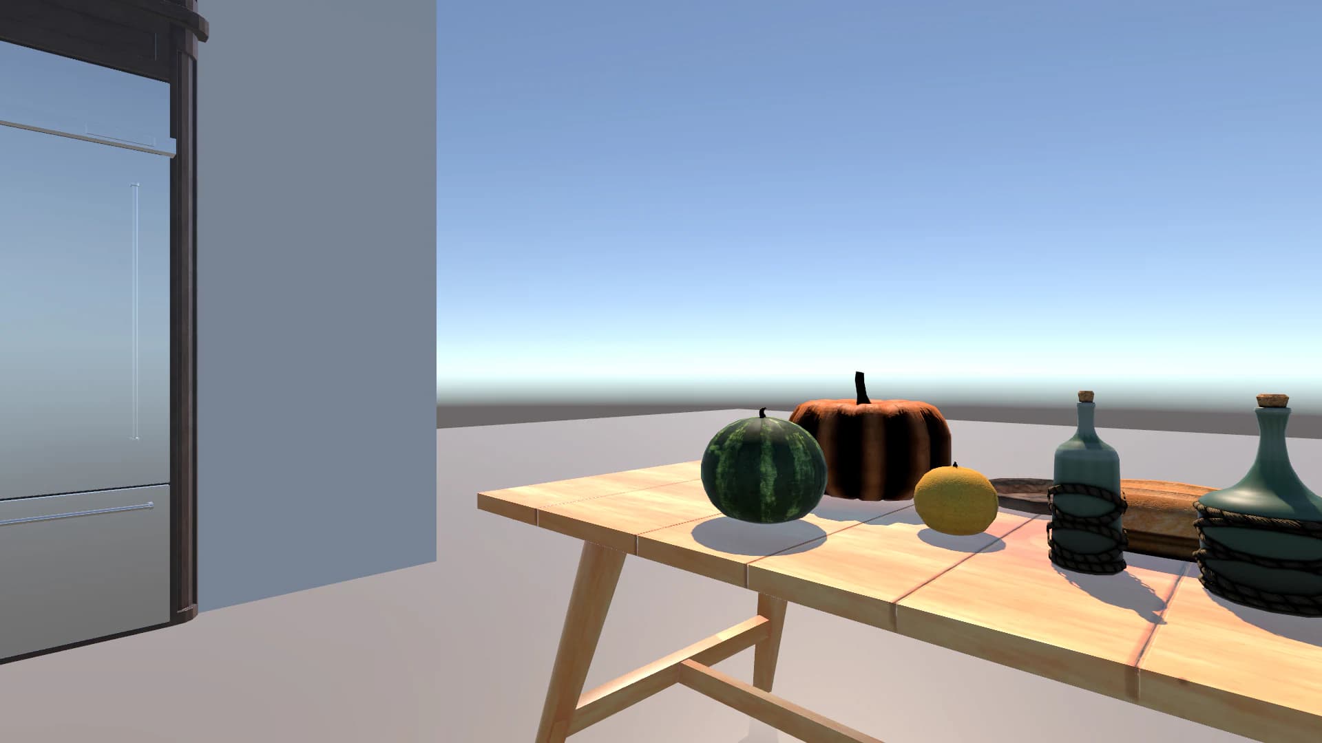 Unity kitchen interaction scene with ingredients and utensils.