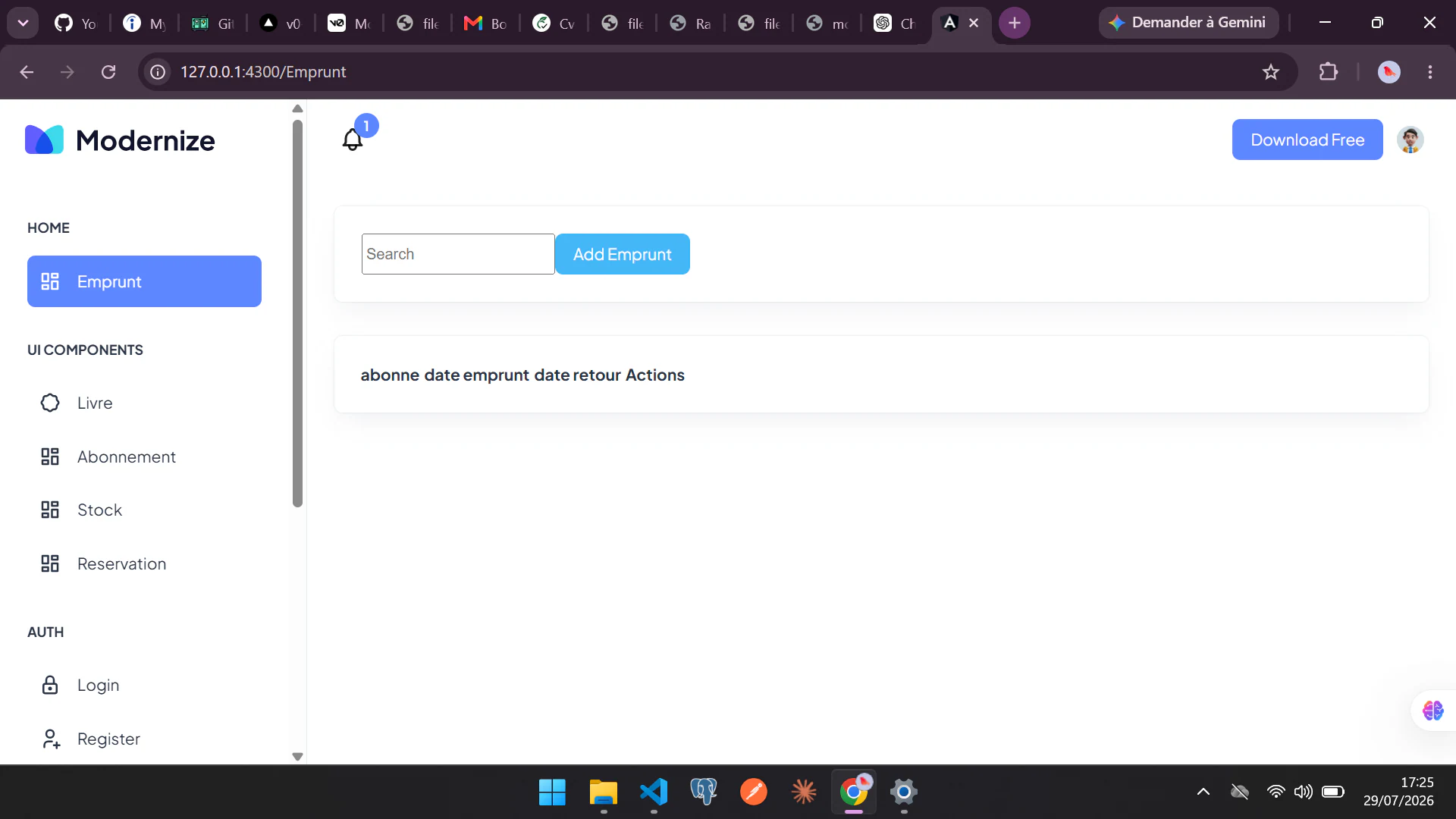 Library dashboard for loans, books, subscriptions, stock and reservations.