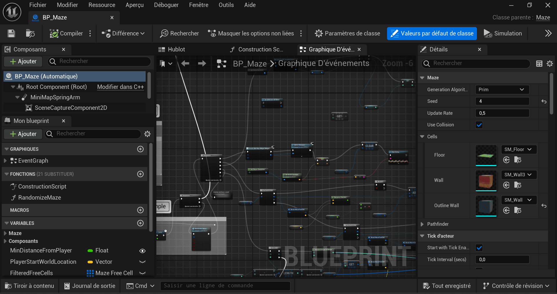 BP_Maze event graph in Unreal Engine showing the Blueprint implementation behind the maze system.