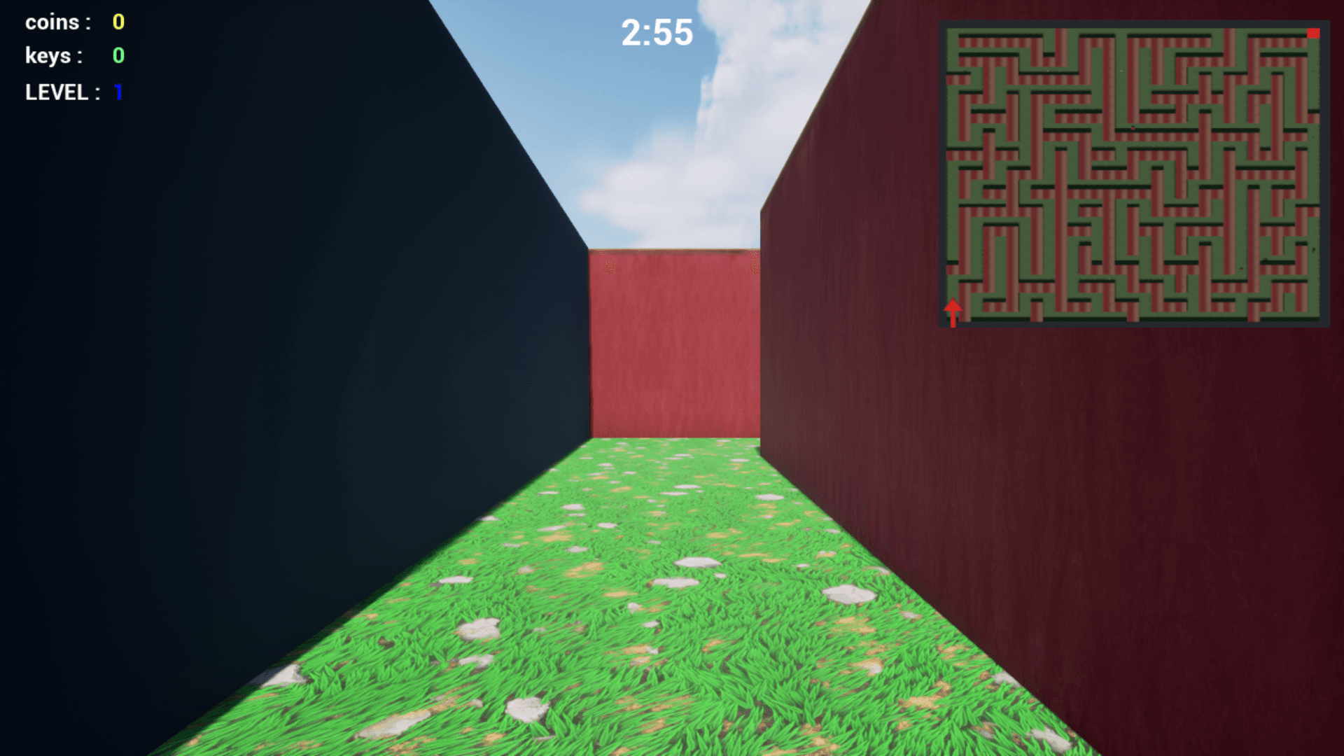 First-person Maze Escape Pro gameplay with timer, collectible counters and real-time mini-map.