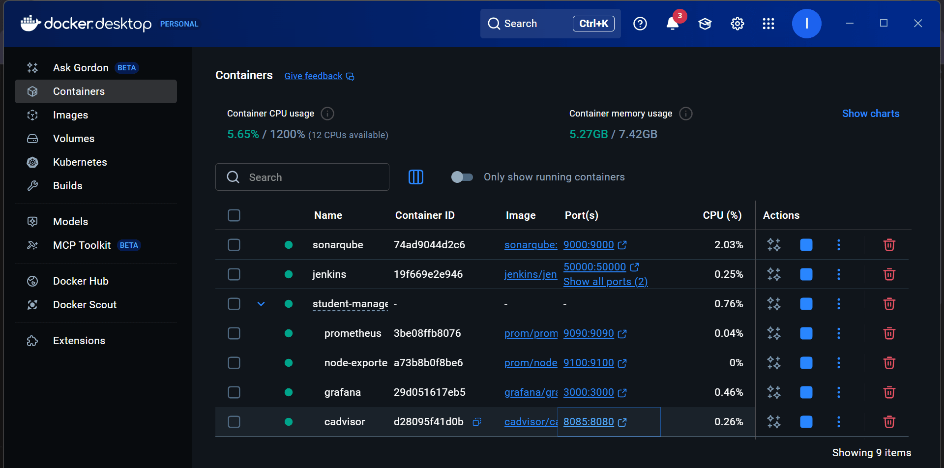 Docker Desktop running Jenkins, SonarQube, Prometheus, Node Exporter, Grafana and cAdvisor containers.