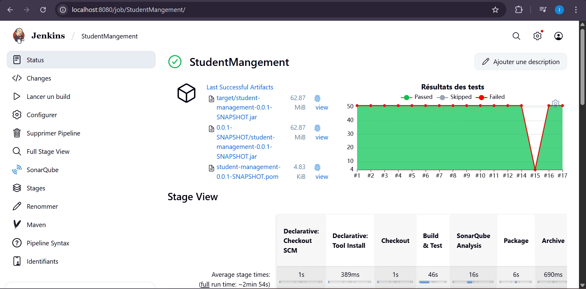Successful Jenkins StudentManagement pipeline with archived artifacts, test history and stage view.