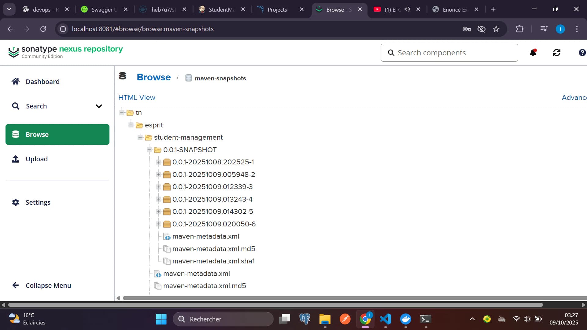 Student-management Maven artifacts stored in Nexus.