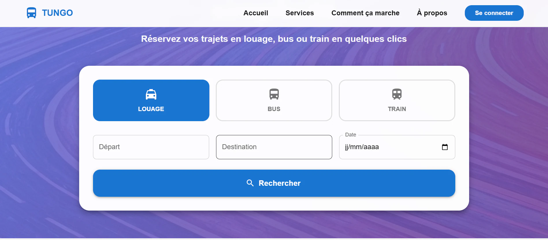 TUNGO public homepage with intercity transport search.