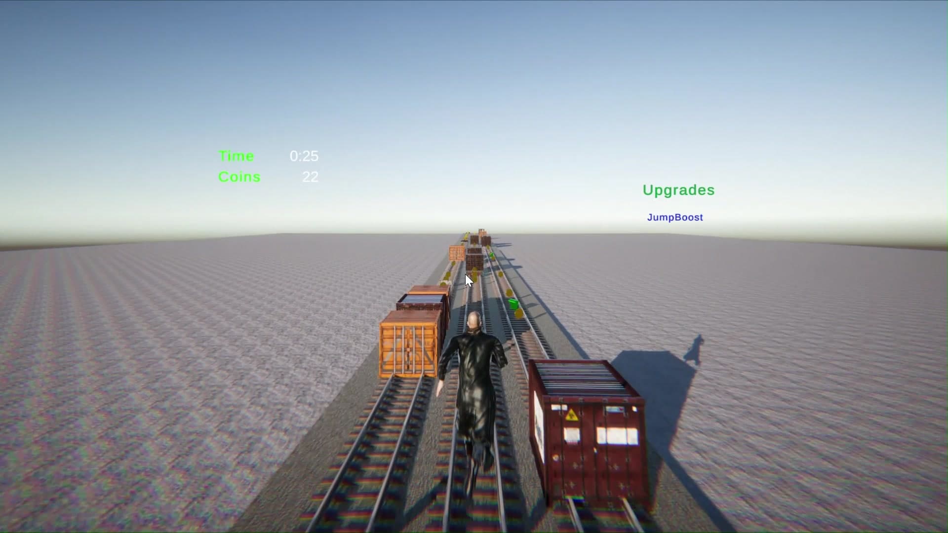 Endless Runner character jumping between three railway lanes while the JumpBoost upgrade is active.
