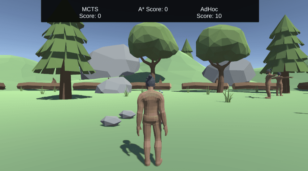 Shared Unity game environment displaying the MCTS, A-star and Ad Hoc agent scores.