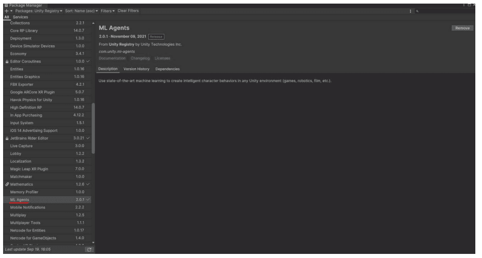 Unity Package Manager showing the ML Agents 2.0.1 package installed in the project.