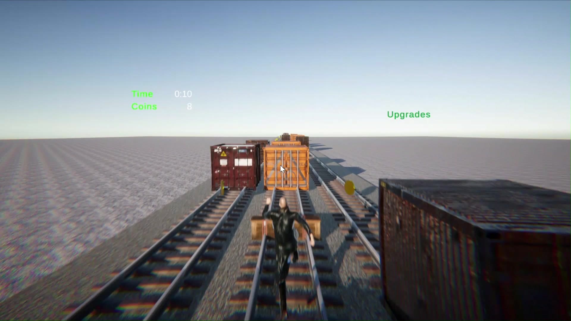 Runner jumping toward a dense sequence of containers and lane obstacles.